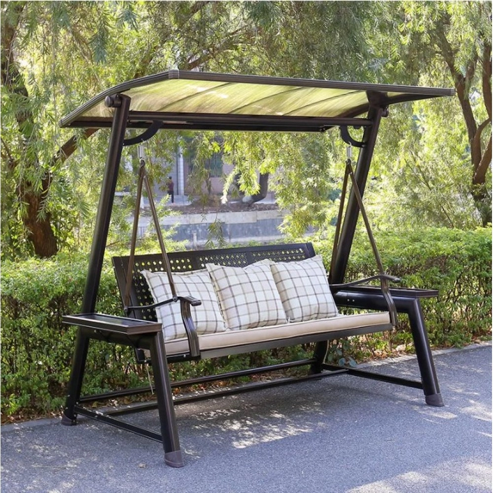 3 seats 2 seater PC top Hanging hammock Aluminum garden swing chair with solar LED light woodlike color/full metal frame