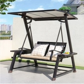 3 seats 2 seater PC top Hanging hammock Aluminum garden swing chair with solar LED light woodlike color/full metal frame