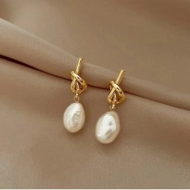 New French Elegant Gold Color Bean Spliced Flat Pearl Earrings for Korean Fashion Jewelry Party Women's Sweet Accessories